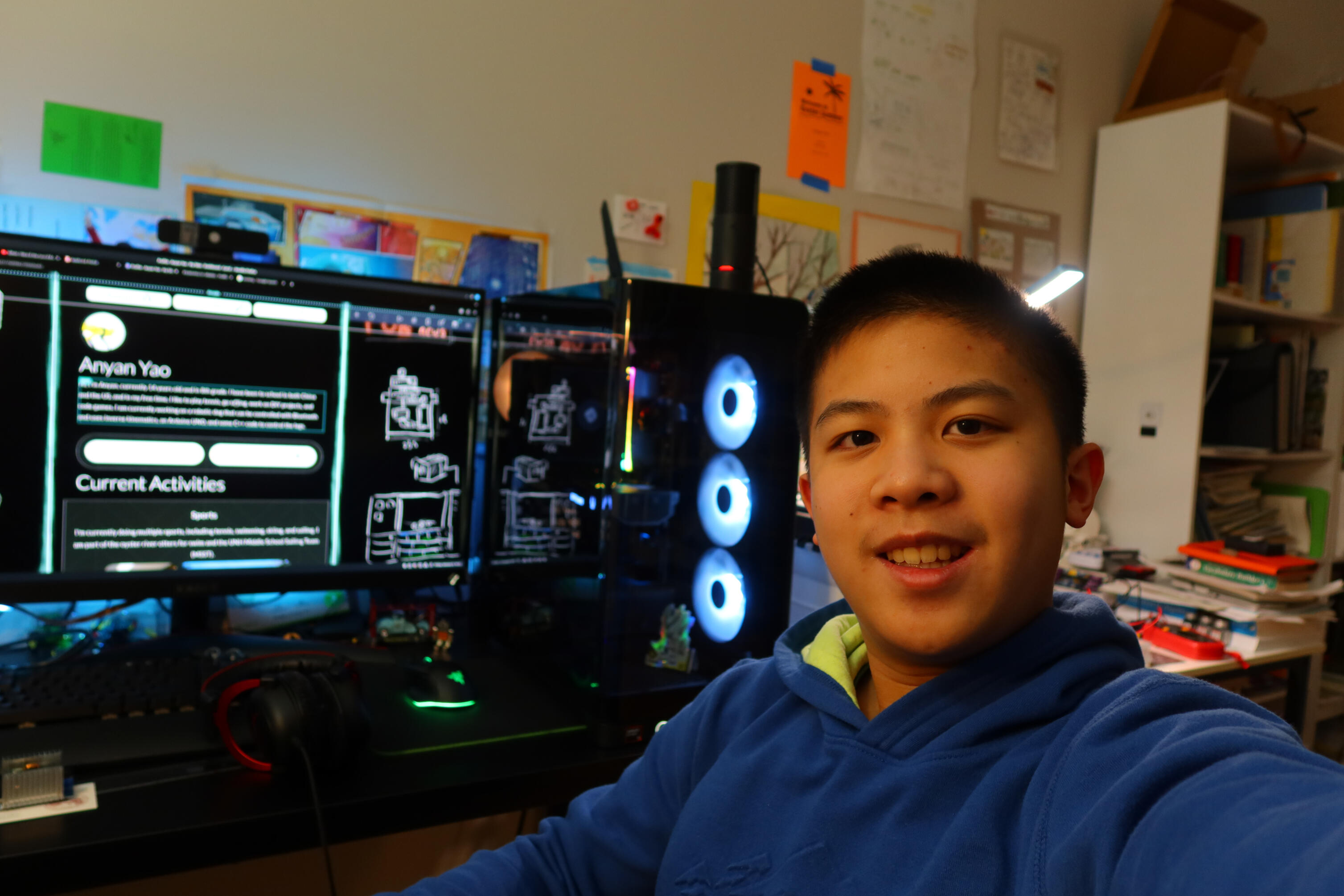 Hi, I'm Anyan, currently 14 years old and in 8th grade. I have been to school in both China and the US, and in my free time, I like to play tennis, go sailing, work on DIY projects, and code games.