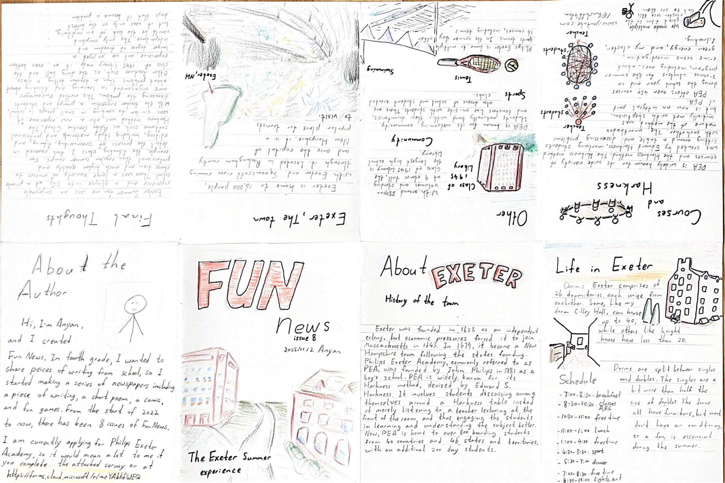 Fun News 8, My lasest issue about my experiences at Exeter Summer. This issue uses the uniqe form factor of a zine.