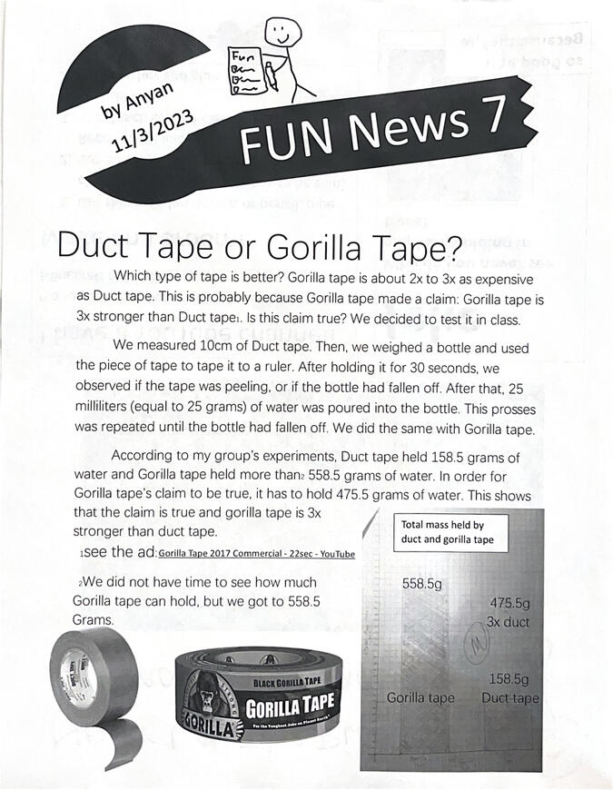 Fun News 7, made in 2023, featuring the results of a lab experiment. This is page 1.